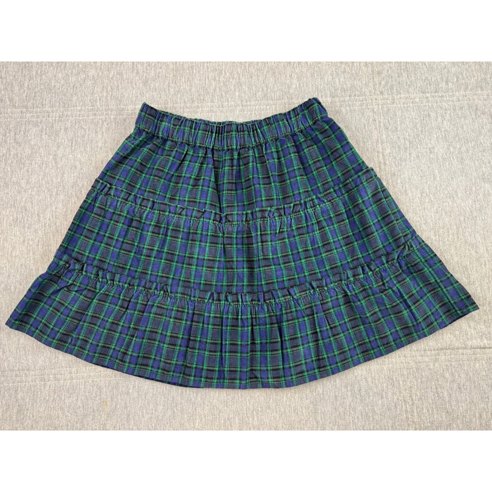 Girls Blue Green Plaid Corduroy Tiered Ruffle‎ Skirt Elastic Waist Cotton Kids